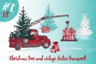 Hand Drawn Sketch Christmas Tree and Vintage Festive Transport Illustrations