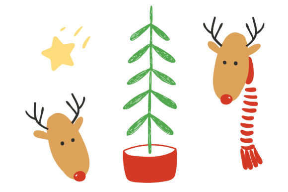 Two Cute Deers and Christmas Tree
